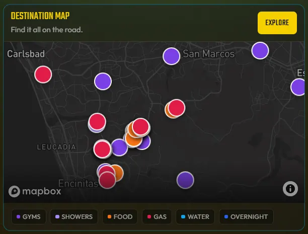 Van Life Buddy destination map — gyms, showers, food, gas, water, and overnight pins. Explore the map.